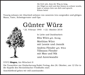 Traueranzeige von Günter Würz von Siegener Zeitung
