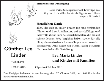 Traueranzeige von Günther Leo Linder von Siegener Zeitung