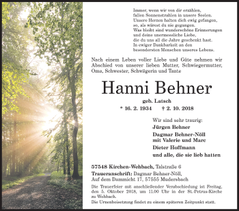 Traueranzeige von Hanni Behner von Siegener Zeitung