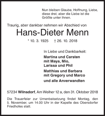 Traueranzeige von Hans-Dieter Menn von Siegener Zeitung