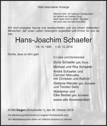 Traueranzeige von Hans-Joachim Schaefer von Siegener Zeitung