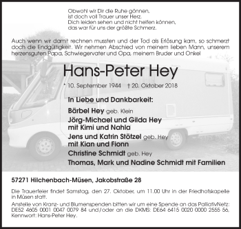Traueranzeige von Hans-Peter Hey von Siegener Zeitung