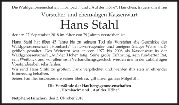 Traueranzeige von Hans Stahl von Siegener Zeitung
