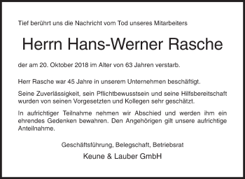 Traueranzeige von Hans-Werner Rasche von Siegener Zeitung