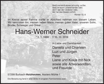 Traueranzeige von Hans-Werner Schneider von Siegener Zeitung
