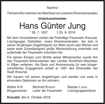 Traueranzeige von Hans Günter Jung von Siegener Zeitung