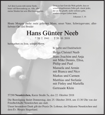 Traueranzeige von Hans Günter Neeb von Siegener Zeitung
