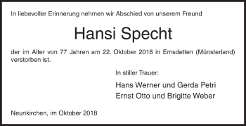 Traueranzeige von Hansi Specht von Siegener Zeitung