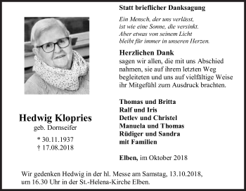 Traueranzeige von Hedwig Klopries von Siegener Zeitung