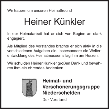 Traueranzeige von Heiner Künkler von Siegener Zeitung
