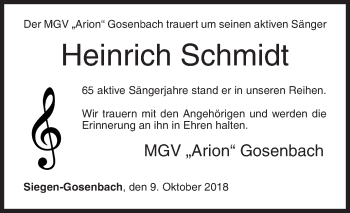 Traueranzeige von Heinrich Schmidt von Siegener Zeitung