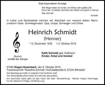 Traueranzeige von Heinrich Schmidt von Siegener Zeitung