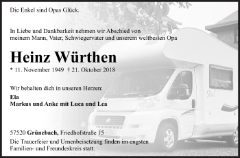 Traueranzeige von Heinz Würthen von Siegener Zeitung