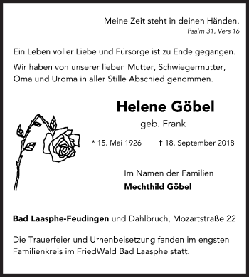 Traueranzeige von Helene Göbel von Siegener Zeitung