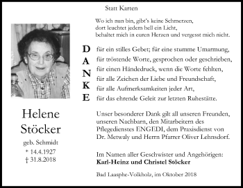 Traueranzeige von Helene Stöcker von Siegener Zeitung