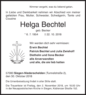 Traueranzeige von Helga Bechtel von Siegener Zeitung