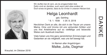 Traueranzeige von Helga Leonhardt von Siegener Zeitung