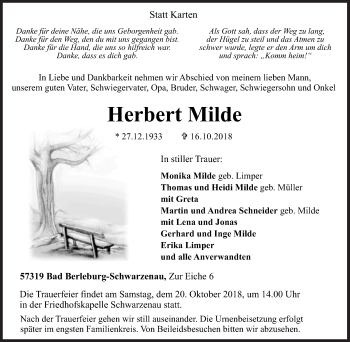 Traueranzeige von Herbert Milde von Siegener Zeitung