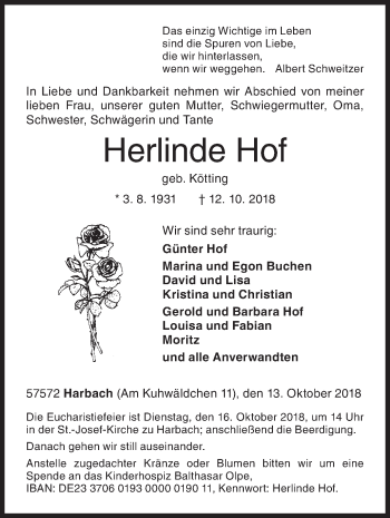 Traueranzeige von Herlinde Hof von Siegener Zeitung