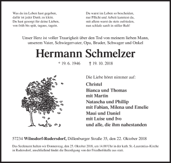 Traueranzeige von Hermann Schmelzer von Siegener Zeitung