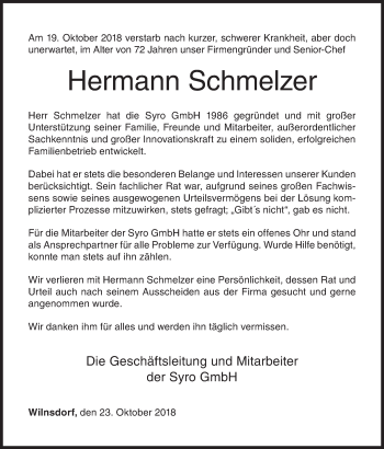 Traueranzeige von Hermann Schmelzer von Siegener Zeitung