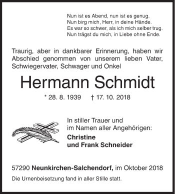 Traueranzeige von Hermann Schmidt von Siegener Zeitung