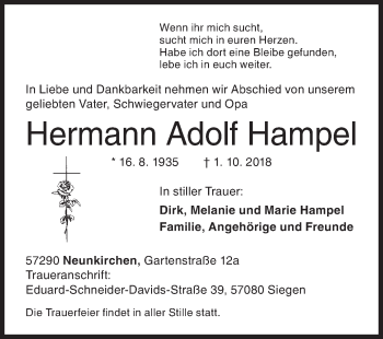 Traueranzeige von Hermann Adolf Hampel von Siegener Zeitung