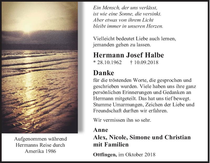  Traueranzeige für Hermann Josef Halbe vom 13.10.2018 aus Siegener Zeitung