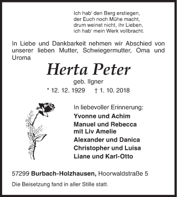 Traueranzeige von Herta Peter von Siegener Zeitung
