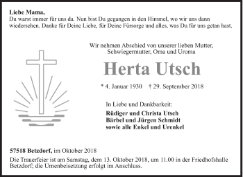 Traueranzeige von Herta Utsch von Siegener Zeitung