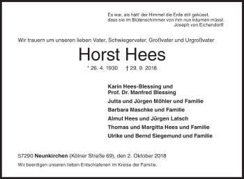 Traueranzeige von Horst Hees von Siegener Zeitung