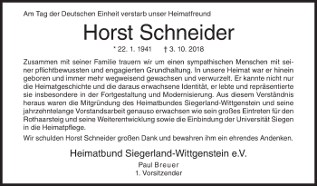 Traueranzeige von Horst Schneider von Siegener Zeitung