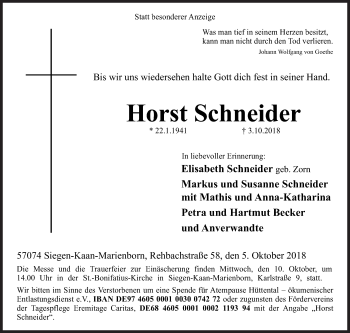 Traueranzeige von Horst Schneider von Siegener Zeitung