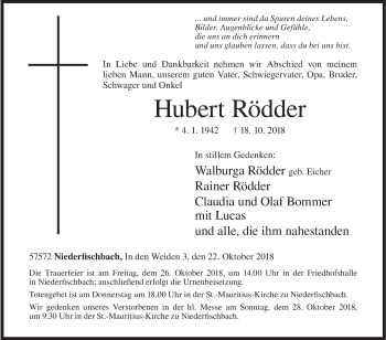 Traueranzeige von Hubert Rödder von Siegener Zeitung