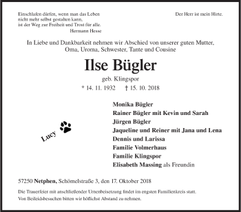 Traueranzeige von Ilse Bügler von Siegener Zeitung
