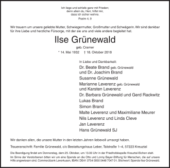 Traueranzeige von Ilse Grünewald von Siegener Zeitung