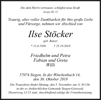 Traueranzeige von Ilse Stöcker von Siegener Zeitung