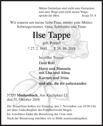 Traueranzeige von Ilse Tappe von Siegener Zeitung