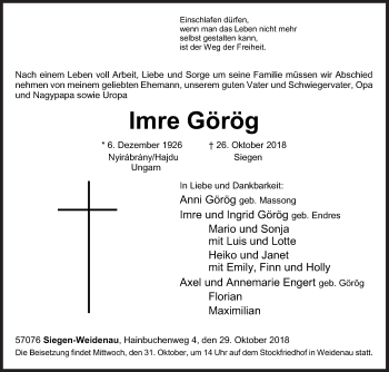 Traueranzeige von Imre Görög von Siegener Zeitung