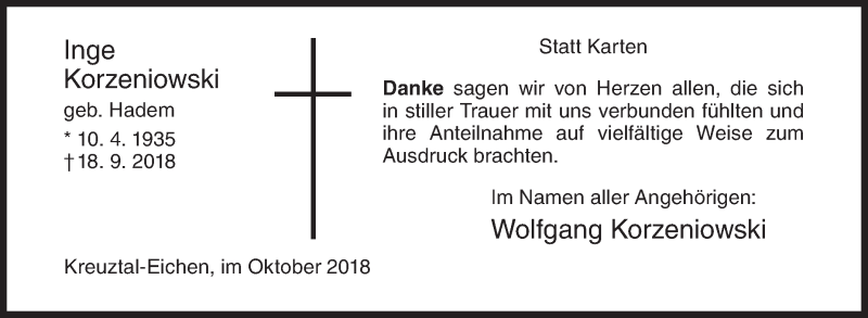  Traueranzeige für Inge Korzeniowski vom 20.10.2018 aus Siegener Zeitung