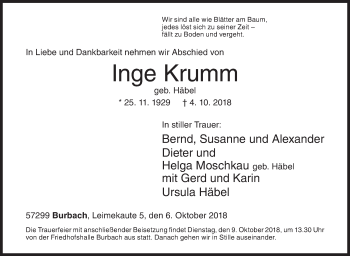 Traueranzeige von Inge Krumm von Siegener Zeitung