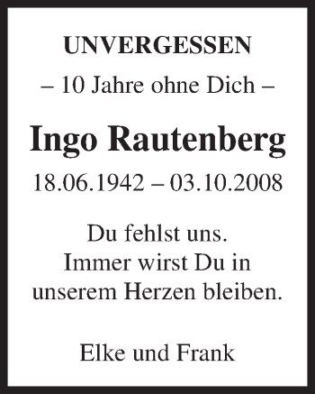 Traueranzeige von Ingo Rautenberg von Siegener Zeitung