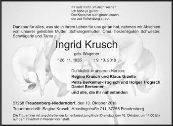 Traueranzeige von Ingrid Krusch von Siegener Zeitung