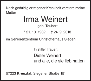 Traueranzeige von Irma Weinert von Siegener Zeitung