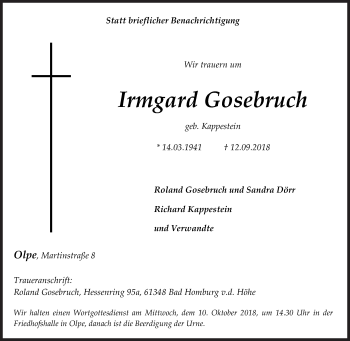 Traueranzeige von Irmgard Gosebruch von Siegener Zeitung