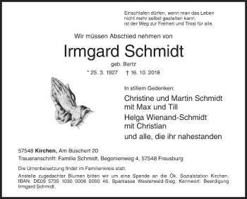 Traueranzeige von Irmgard Schmidt von Siegener Zeitung