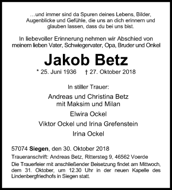 Traueranzeige von Jakob Betz von Siegener Zeitung