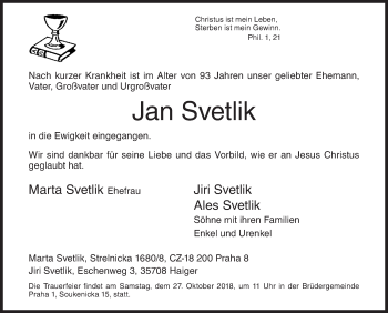Traueranzeige von Jan Svetlik von Siegener Zeitung