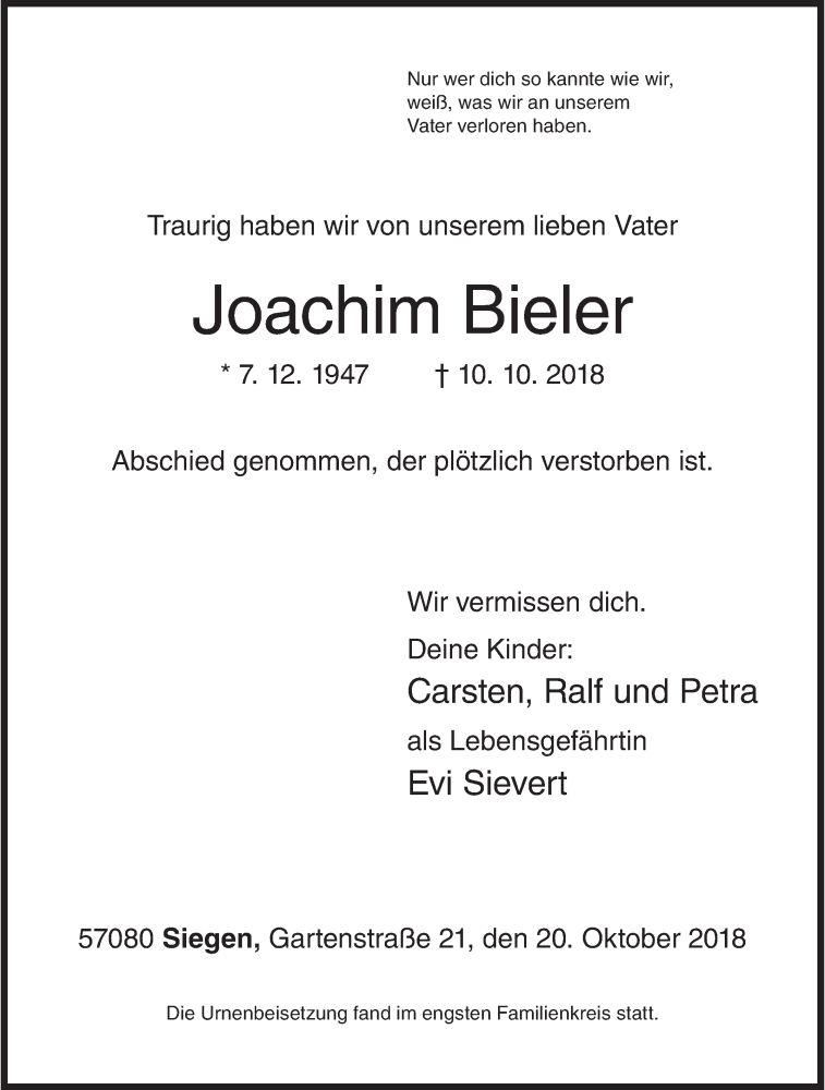  Traueranzeige für Joachim Bieler vom 20.10.2018 aus Siegener Zeitung