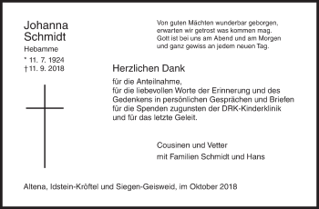 Traueranzeige von Johanna Schmidt von Siegener Zeitung